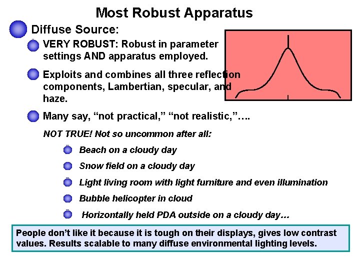 Most Robust Apparatus Diffuse Source: VERY ROBUST: Robust in parameter settings AND apparatus employed.