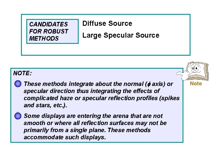 CANDIDATES FOR ROBUST METHODS Diffuse Source Large Specular Source NOTE: These methods integrate about