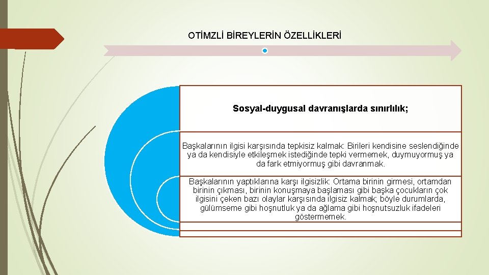 OTİMZLİ BİREYLERİN ÖZELLİKLERİ Sosyal-duygusal davranışlarda sınırlılık; Başkalarının ilgisi karşısında tepkisiz kalmak: Birileri kendisine seslendiğinde