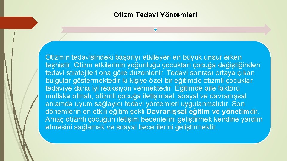 Otizm Tedavi Yöntemleri Otizmin tedavisindeki başarıyı etkileyen en büyük unsur erken teşhistir. Otizm etkilerinin