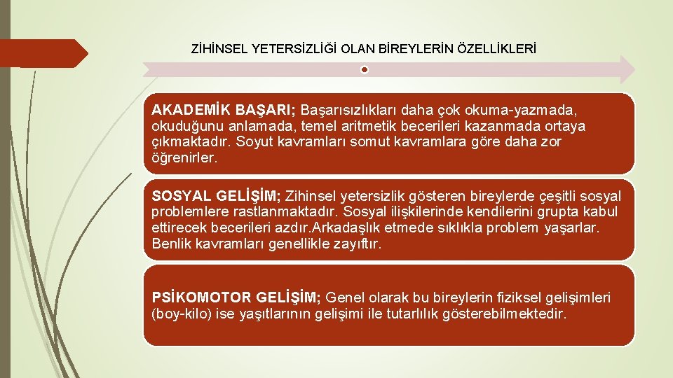 ZİHİNSEL YETERSİZLİĞİ OLAN BİREYLERİN ÖZELLİKLERİ AKADEMİK BAŞARI; Başarısızlıkları daha çok okuma-yazmada, okuduğunu anlamada, temel