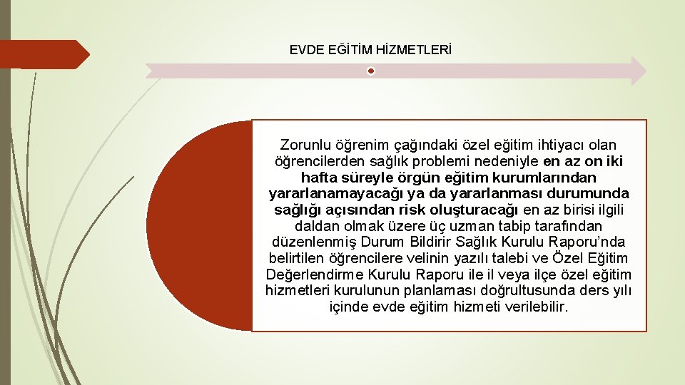 EVDE EĞİTİM HİZMETLERİ Zorunlu öğrenim çağındaki özel eğitim ihtiyacı olan öğrencilerden sağlık problemi nedeniyle