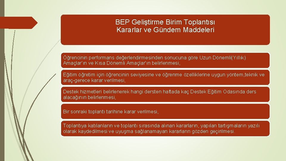 BEP Geliştirme Birim Toplantısı Kararlar ve Gündem Maddeleri Öğrencinin performans değerlendirmesinden sonucuna göre Uzun