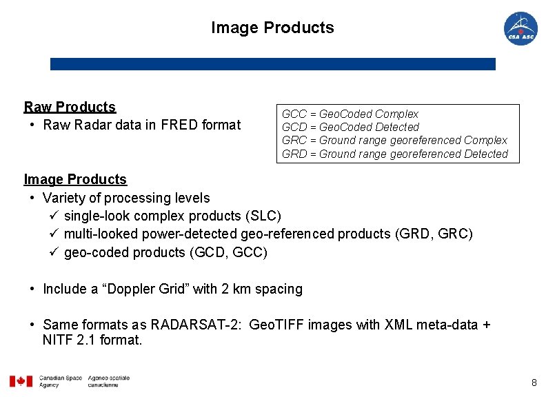 Image Products Raw Products • Raw Radar data in FRED format GCC = Geo.