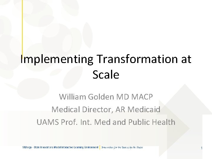 Implementing Transformation at Scale William Golden MD MACP Medical Director, AR Medicaid UAMS Prof.