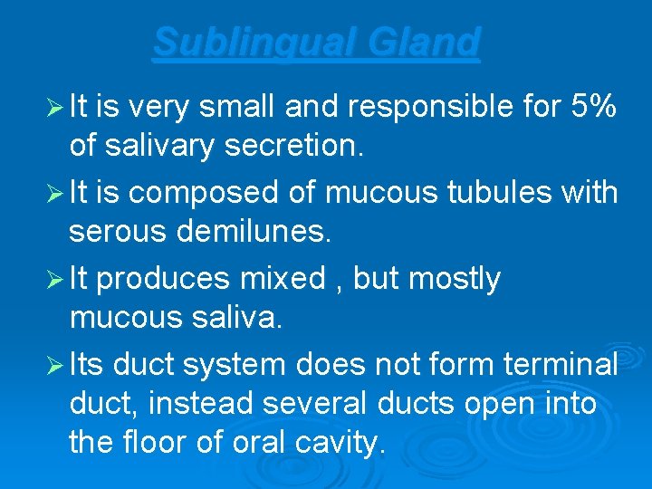 Sublingual Gland Ø It is very small and responsible for 5% of salivary secretion.