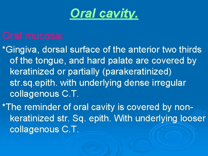Oral cavity. Oral mucosa: *Gingiva, dorsal surface of the anterior two thirds of the