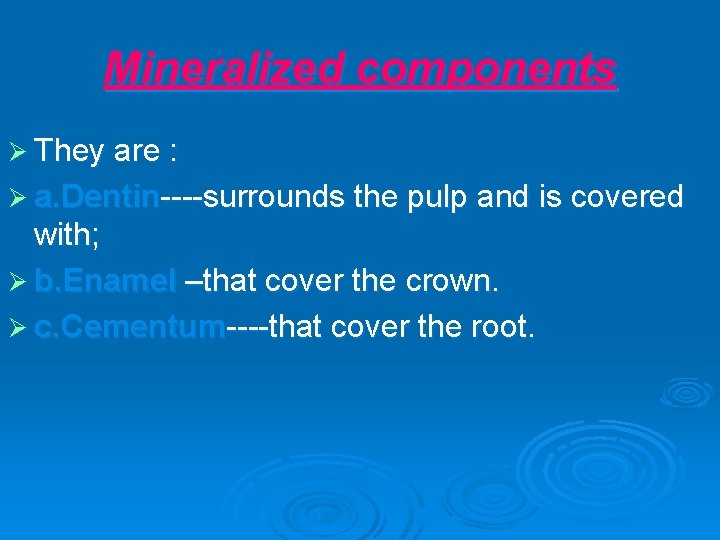 Mineralized components Ø They are : Ø a. Dentin----surrounds the pulp and is covered