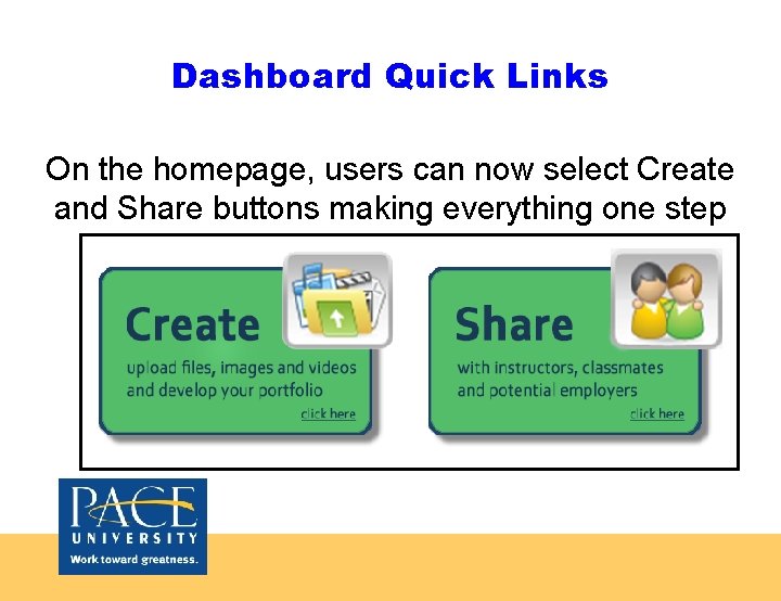 Dashboard Quick Links On the homepage, users can now select Create and Share buttons