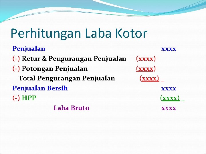 Perhitungan Laba Kotor Penjualan (-) Retur & Pengurangan Penjualan (-) Potongan Penjualan Total Pengurangan