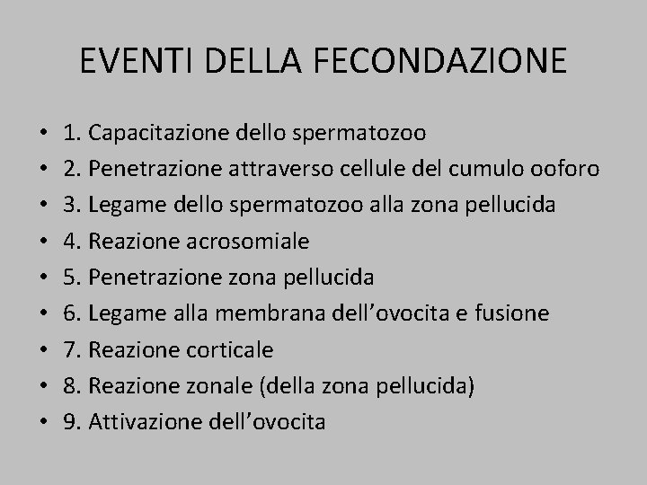 EVENTI DELLA FECONDAZIONE • • • 1. Capacitazione dello spermatozoo 2. Penetrazione attraverso cellule