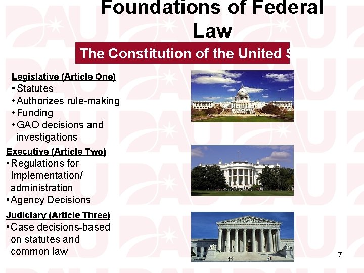Foundations of Federal Law The Constitution of the United States Legislative (Article One) •