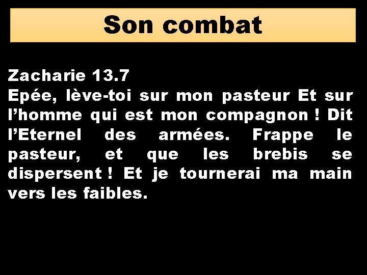 Son combat Zacharie 13. 7 Epée, lève-toi sur mon pasteur Et sur l’homme qui