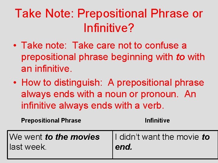 Take Note: Prepositional Phrase or Infinitive? • Take note: Take care not to confuse