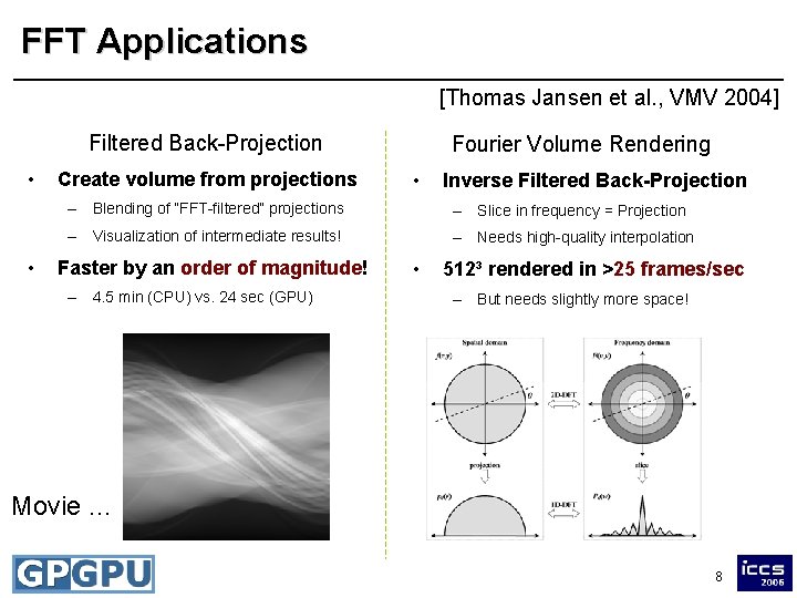 FFT Applications [Thomas Jansen et al. , VMV 2004] Filtered Back-Projection • • Create
