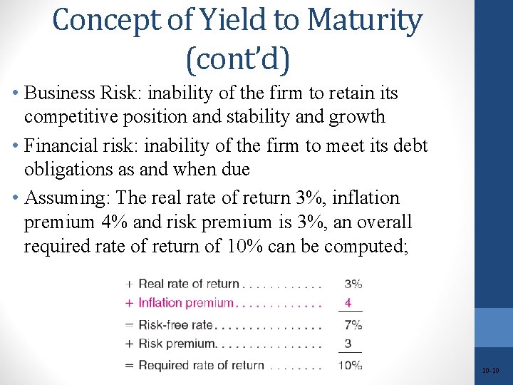 Concept of Yield to Maturity (cont’d) • Business Risk: inability of the firm to