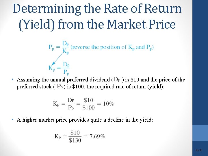 Determining the Rate of Return (Yield) from the Market Price • Assuming the annual