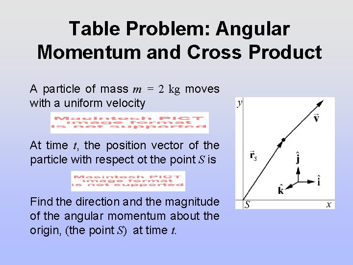 Table Problem: Angular Momentum and Cross Product A particle of mass m = 2 Table Problem: Angular Momentum and Cross Product A particle of mass m = 2