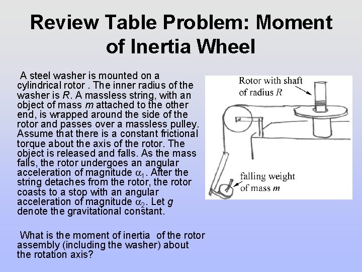 Review Table Problem: Moment of Inertia Wheel A steel washer is mounted on a Review Table Problem: Moment of Inertia Wheel A steel washer is mounted on a