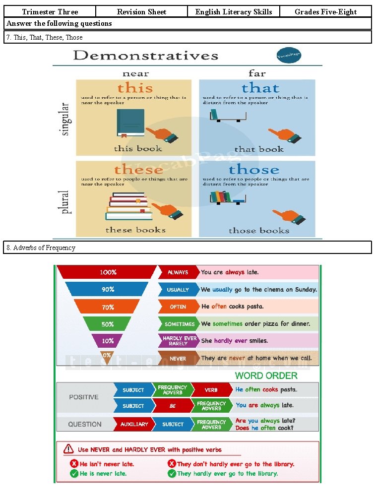 Trimester Three Revision Sheet Answer the following questions 7. This, That, These, Those 8.