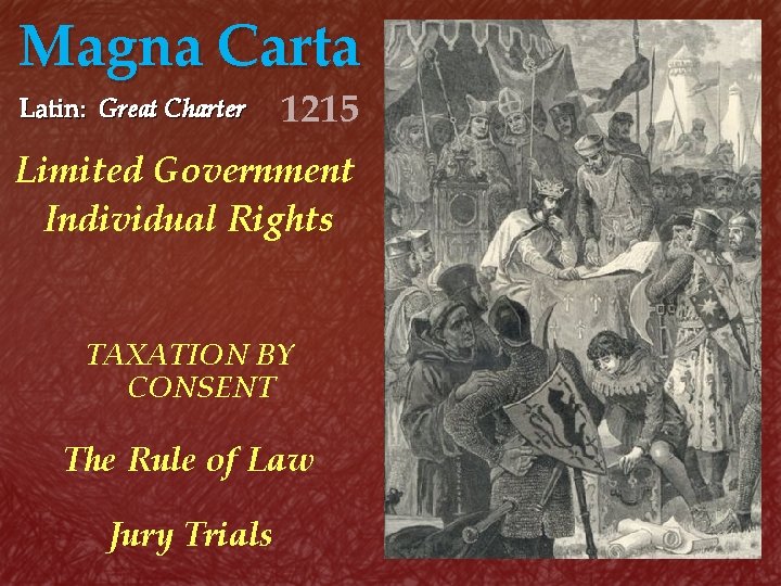Magna Carta Latin: Great Charter 1215 Limited Government Individual Rights TAXATION BY CONSENT The