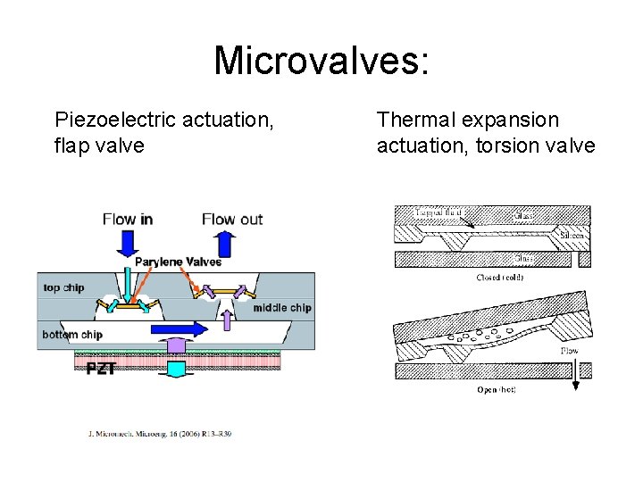 Microvalves: Piezoelectric actuation, flap valve Thermal expansion actuation, torsion valve 