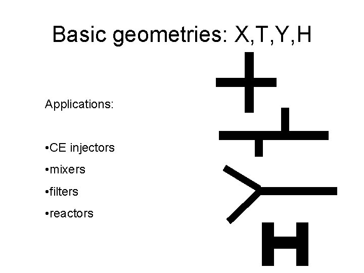 Basic geometries: X, T, Y, H Applications: • CE injectors • mixers • filters