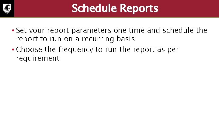 Schedule Reports • Set your report parameters one time and schedule the report to