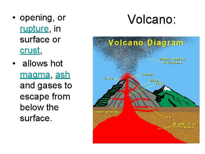  • opening, or rupture, in surface or crust, • allows hot magma, ash