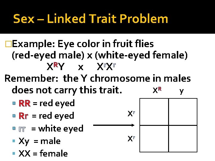 Sex – Linked Trait Problem �Example: Eye color in fruit flies (red-eyed male) x