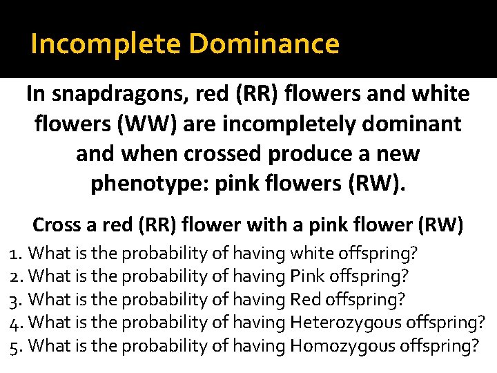 Incomplete Dominance In snapdragons, red (RR) flowers and white flowers (WW) are incompletely dominant