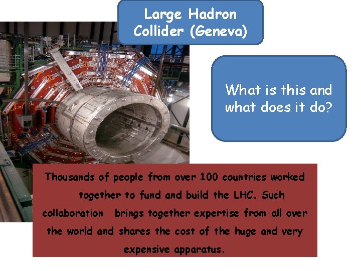 Large Hadron Collider (Geneva) What is this and what does it do? Thousands of