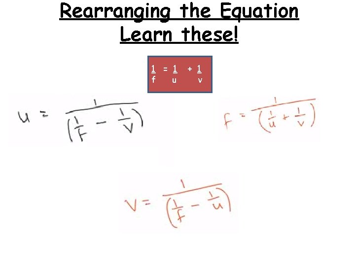Rearranging the Equation Learn these! 1 = 1 f u + 1 v 