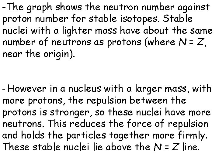 -The graph shows the neutron number against proton number for stable isotopes. Stable nuclei