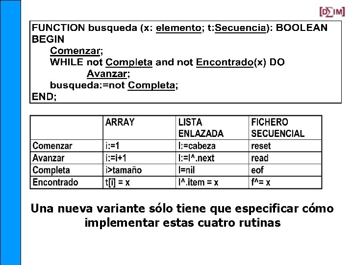 Una nueva variante sólo tiene que especificar cómo implementar estas cuatro rutinas 