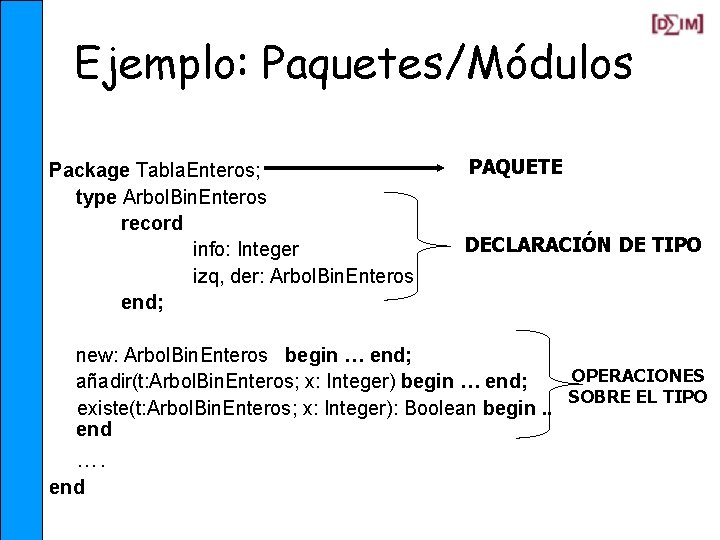 Ejemplo: Paquetes/Módulos Package Tabla. Enteros; type Arbol. Bin. Enteros record info: Integer izq, der: