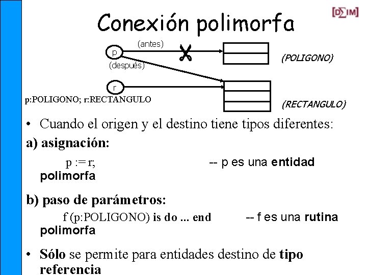 p (antes) (después) Conexión polimorfa (POLIGONO) r p: POLIGONO; r: RECTANGULO (RECTANGULO) • Cuando