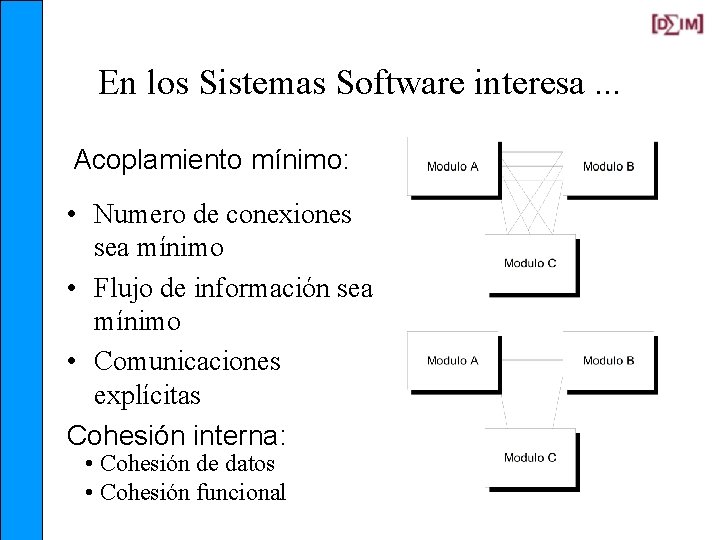 En los Sistemas Software interesa. . . Acoplamiento mínimo: • Numero de conexiones sea