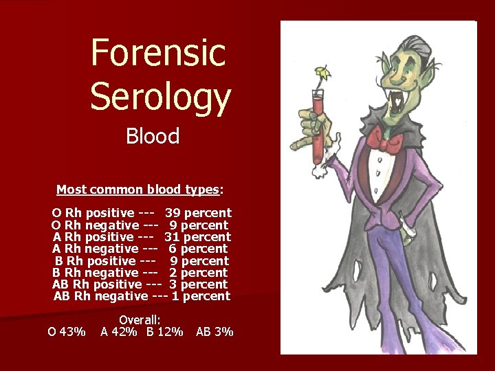 Forensic Serology Blood Most common blood types: O Rh positive --- 39 percent O