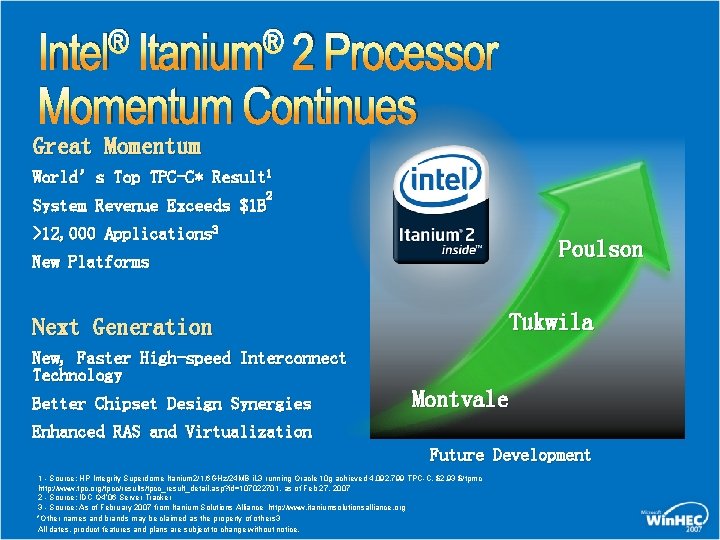 ® ® Intel Itanium 2 Processor Momentum Continues Great Momentum World’s Top TPC-C* Result