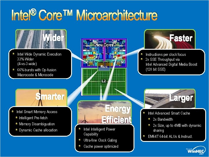 ® Intel Core™ Microarchitecture Wider Faster Intel Wide Dynamic Execution 33% Wider (4 -vs-3