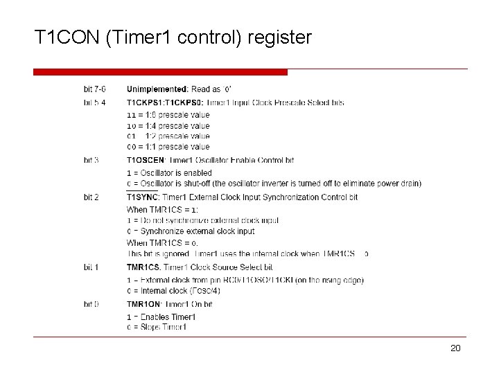 T 1 CON (Timer 1 control) register 20 