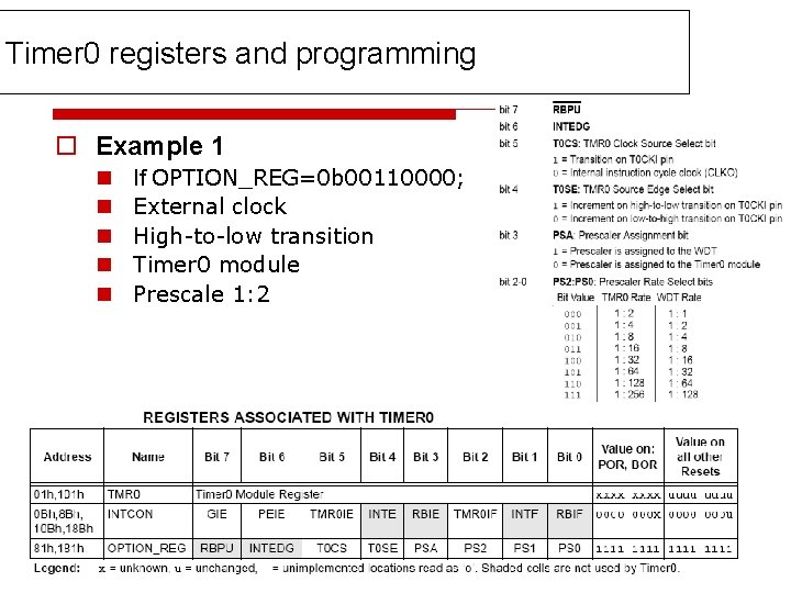 Timer 0 registers and programming o Example 1 n n n If OPTION_REG=0 b