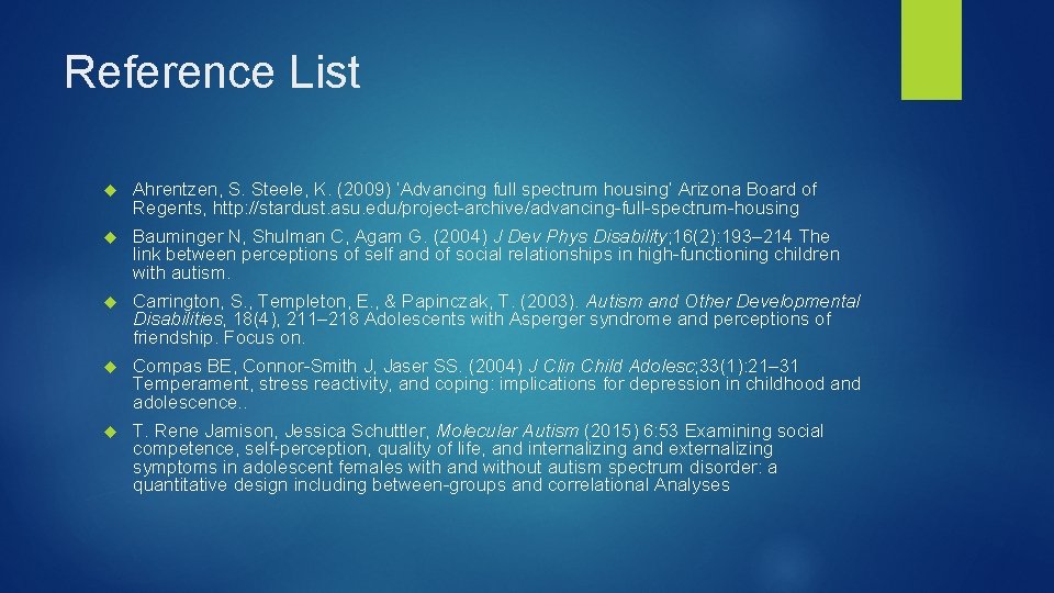 Reference List Ahrentzen, S. Steele, K. (2009) ‘Advancing full spectrum housing’ Arizona Board of