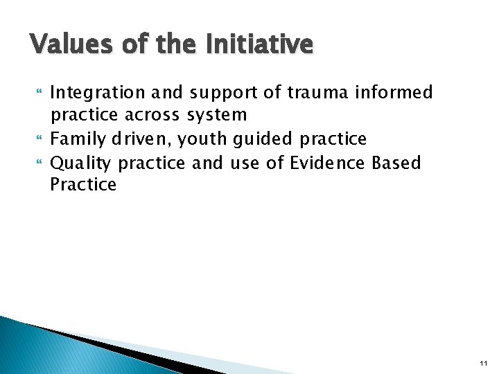 Values of the Initiative Integration and support of trauma informed practice across system Family