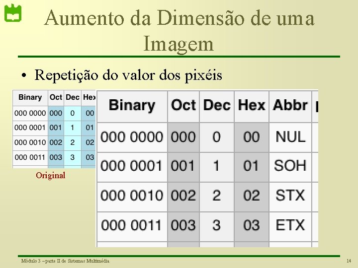 Aumento da Dimensão de uma Imagem • Repetição do valor dos pixéis Original Módulo