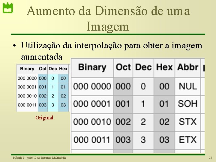 Aumento da Dimensão de uma Imagem • Utilização da interpolação para obter a imagem