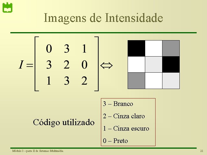 Imagens de Intensidade 3 – Branco Código utilizado 2 – Cinza claro 1 –
