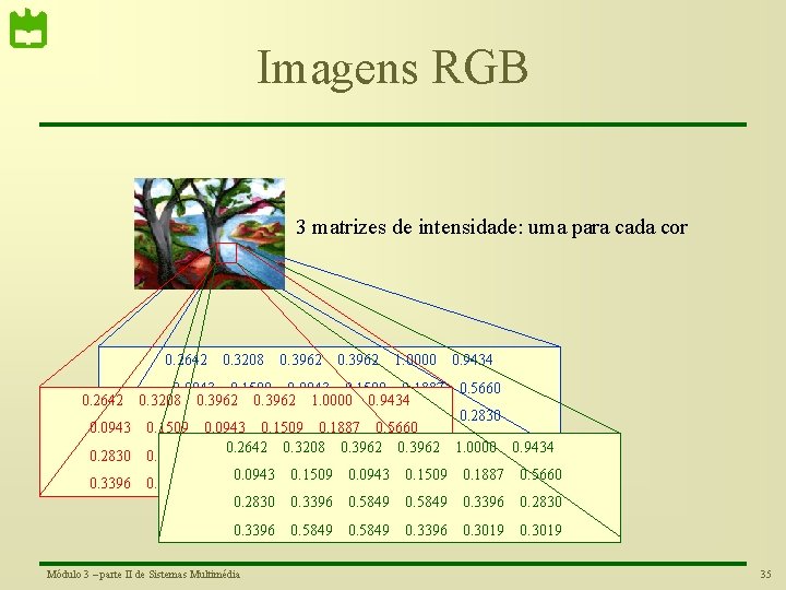 Imagens RGB 3 matrizes de intensidade: uma para cada cor 0. 2642 0. 3208
