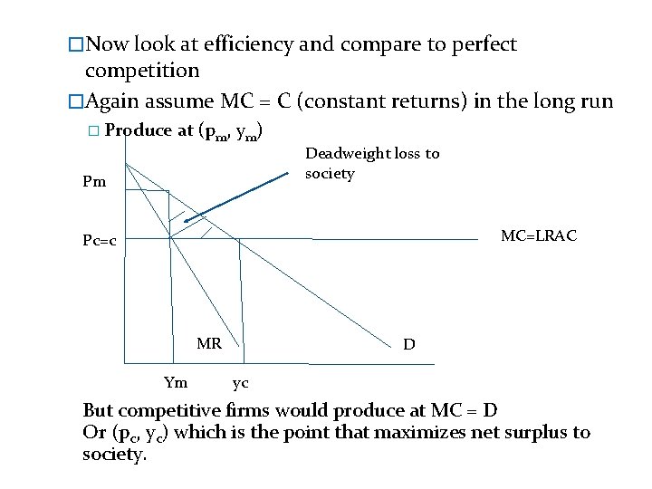 �Now look at efficiency and compare to perfect competition �Again assume MC = C